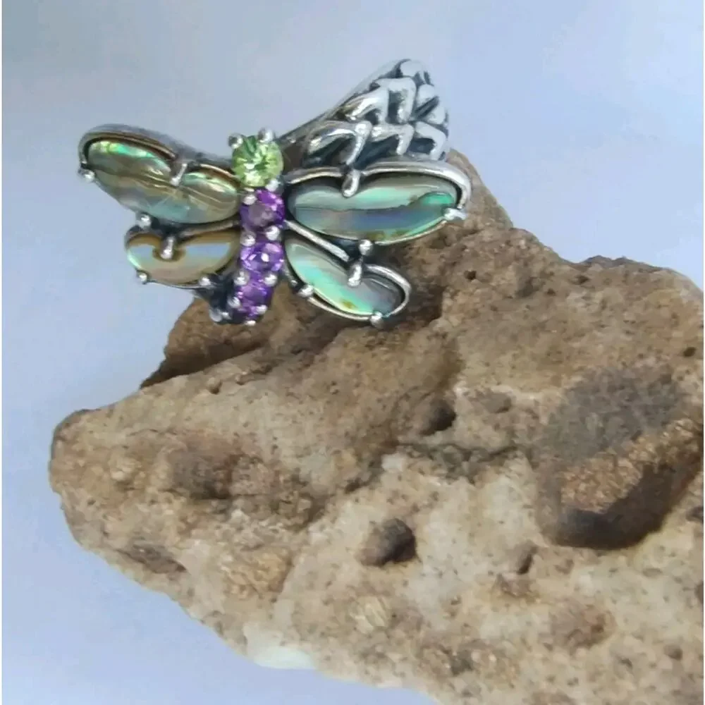 Carolyn Pollack NEW Sterling Silver Abalone Amethyst & Peridot Dragonfly Ring 8